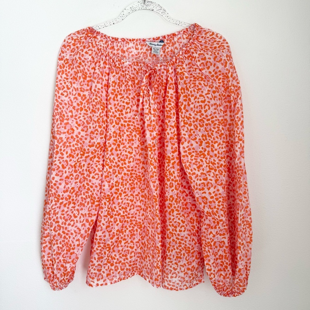 Tommy Bahama Orange & White Animal Print Silk Blend Long Sleeves Blouse Size XL